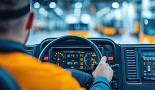 Un homme conduit un bus dans une usine.