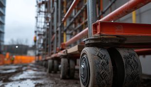 Une rangée d'échafaudages à roues sur un chantier de construction.