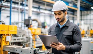 Un homme portant un casque regarde une tablette dans une usine.