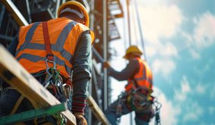 Un couple d'ouvriers du bâtiment travaillent sur un bâtiment.