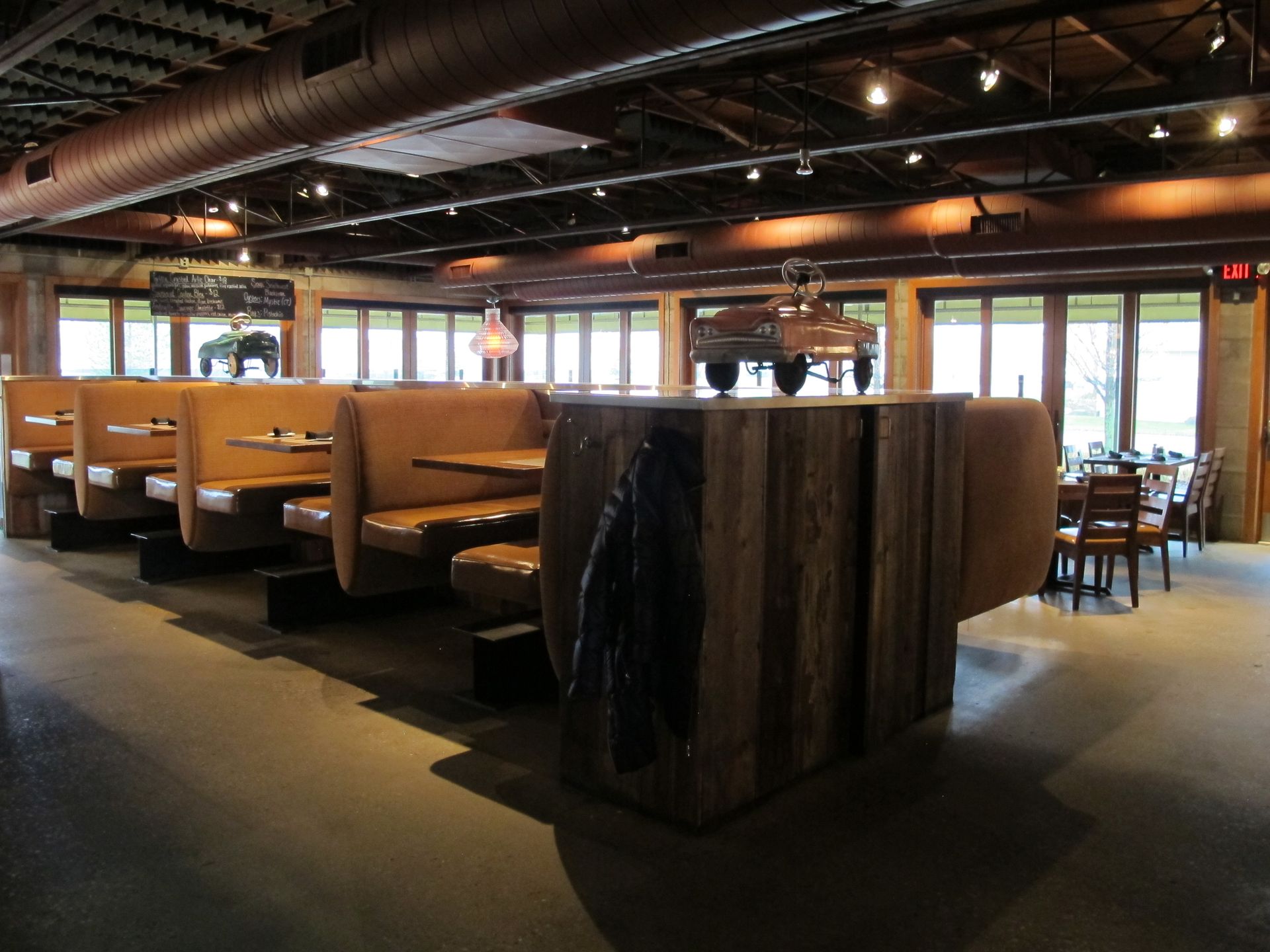 A restaurant with a sign that says exit on it