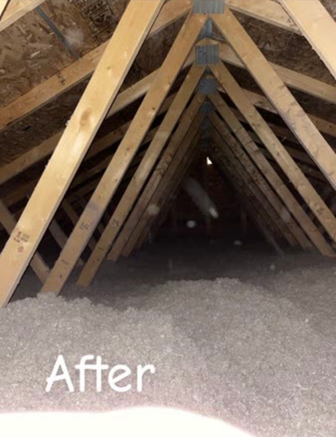 Interior attic space, wooden rafters, insulated floor, text 
