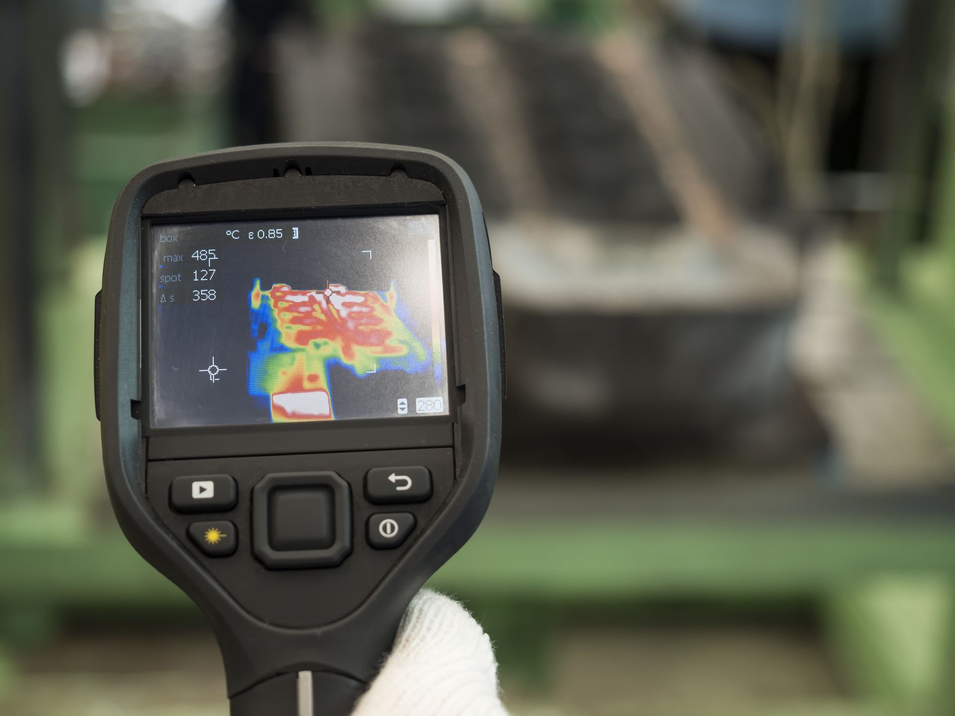 Hand holding thermal camera pointed at machinery, showing heat signatures in red and yellow.
