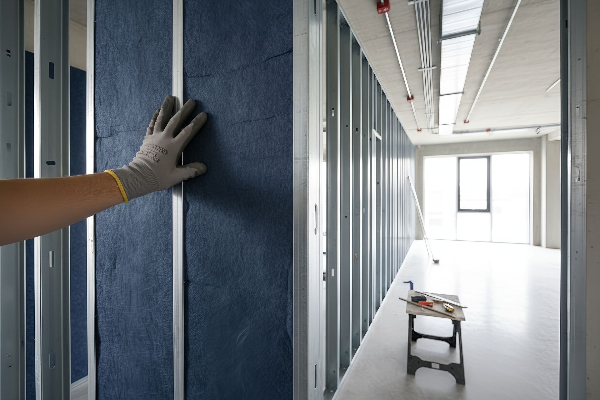 A gloved hand touches blue sound-insulating material installed between metal wall studs in an office construction site.