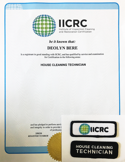 A iicrc certificate for a house cleaning technician