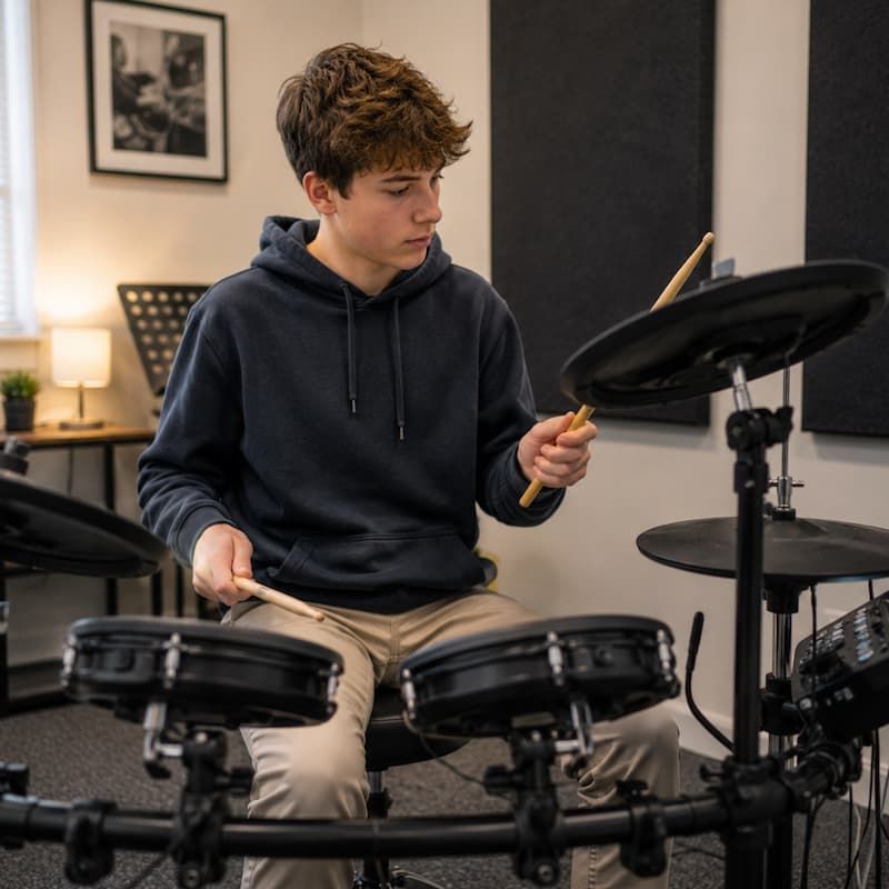 Drum lessons in New Hudson MI with student playing drum kit during private lesson