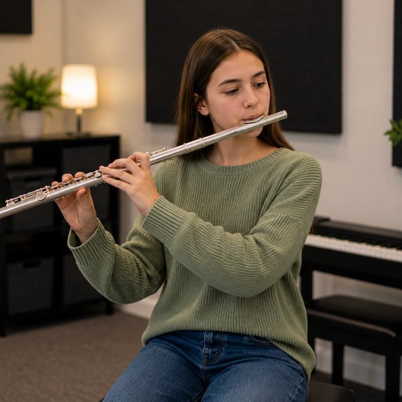 Flute Lessons in New Hudson MI Flute lessons in New Hudson MI with student playing flute during private lesson