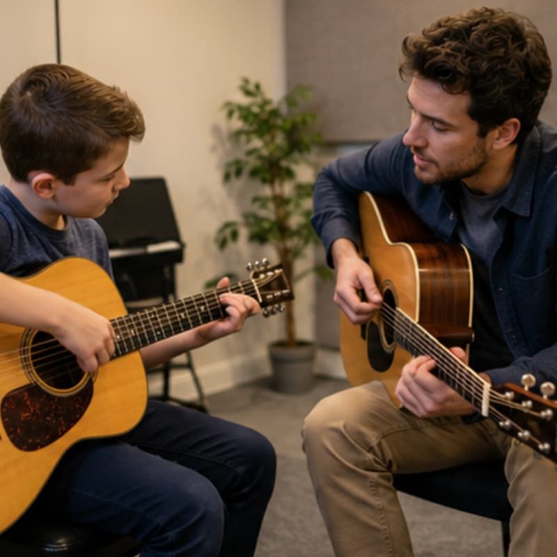 Guitar lessons in New Hudson MI with private instructor teaching student acoustic guitar