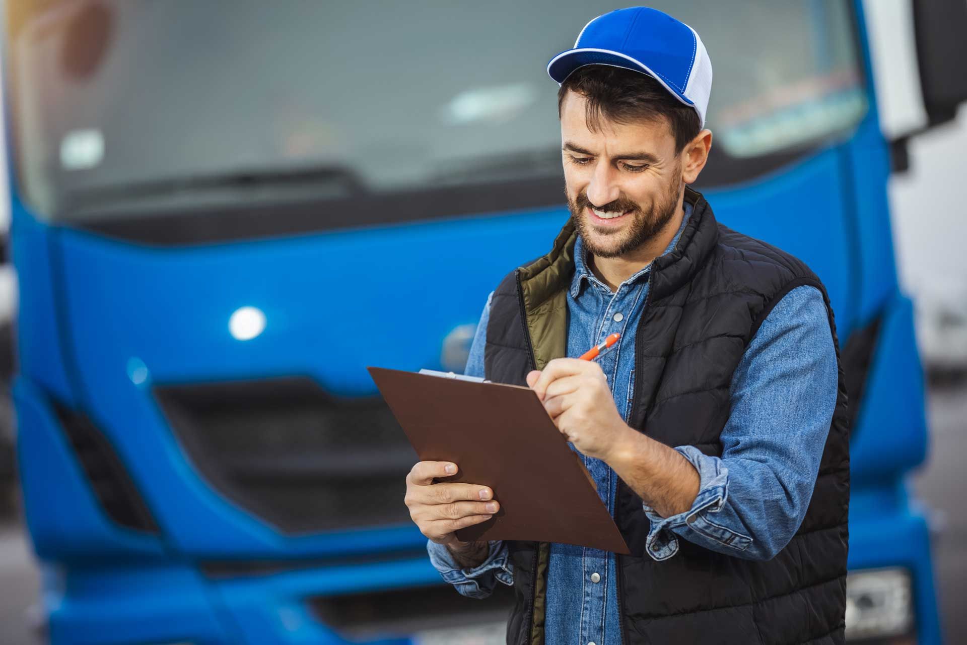 A man is writing on a clipboard in front of a blue truck.