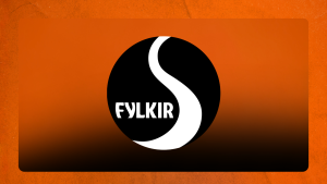 Merki Fylkis FC á appelsínugulum lituðum bakgrunni með svörtum og hvítum hringlaga merki.