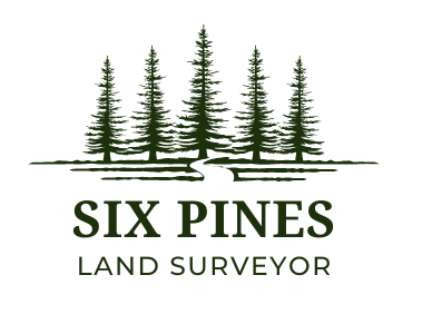 A logo for six pines land surveyor with a row of pine trees