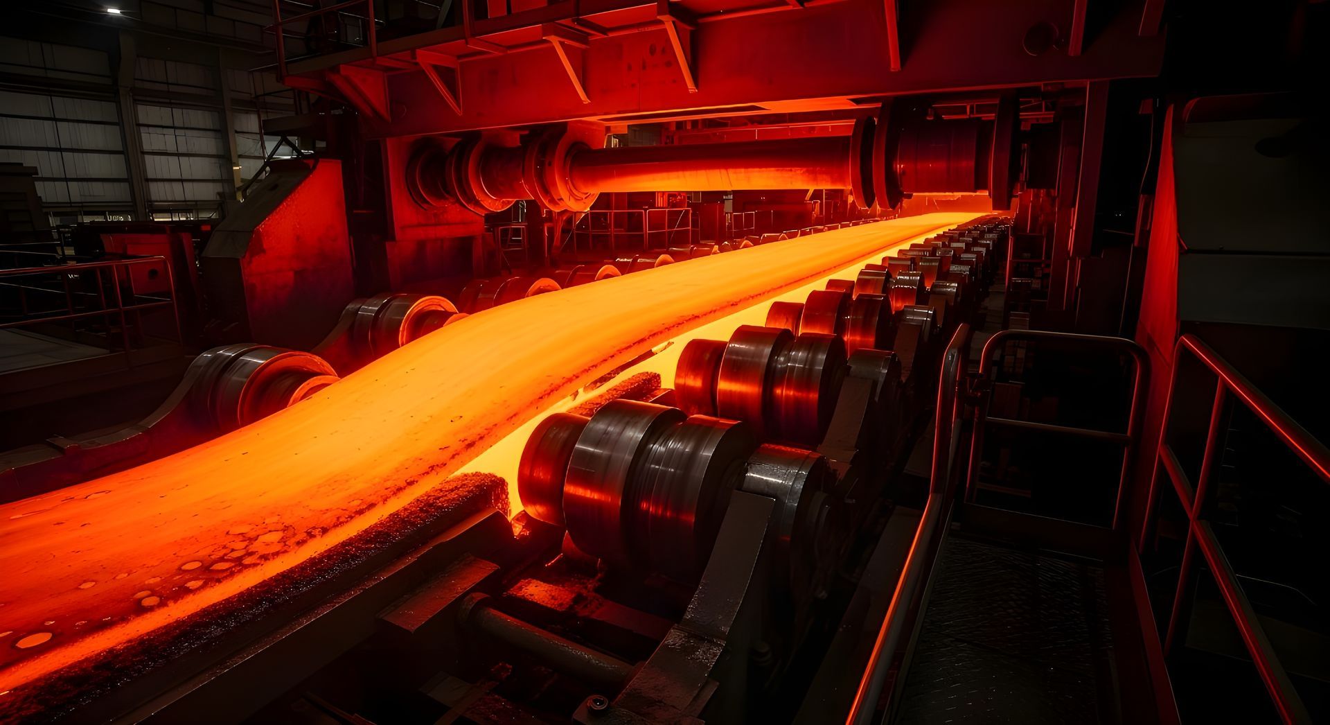 Red-hot steel slab moving through rollers inside an industrial hot rolling mill with glowing machinery. 