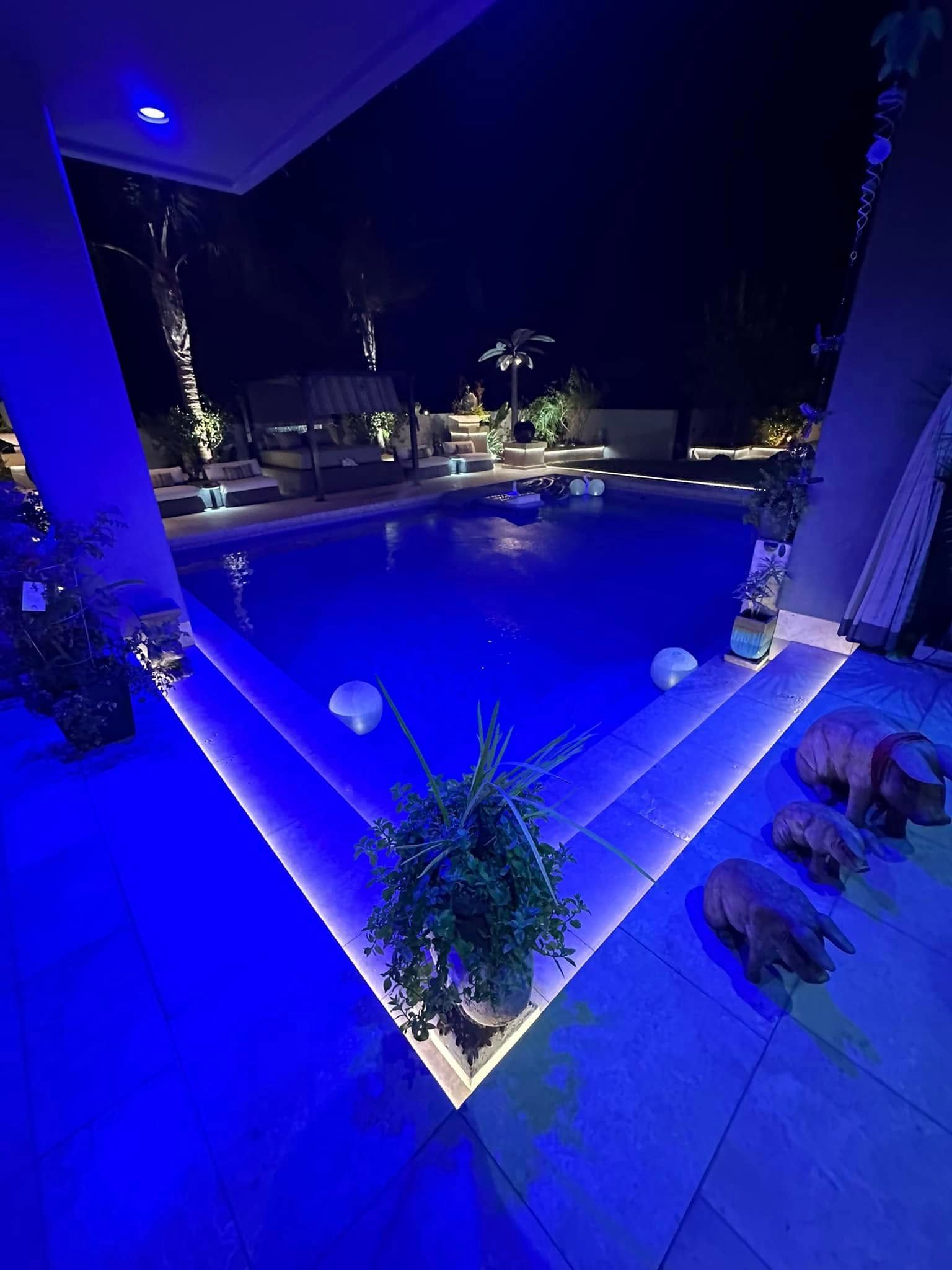 Nighttime pool with blue lights, plants, and decorations.
