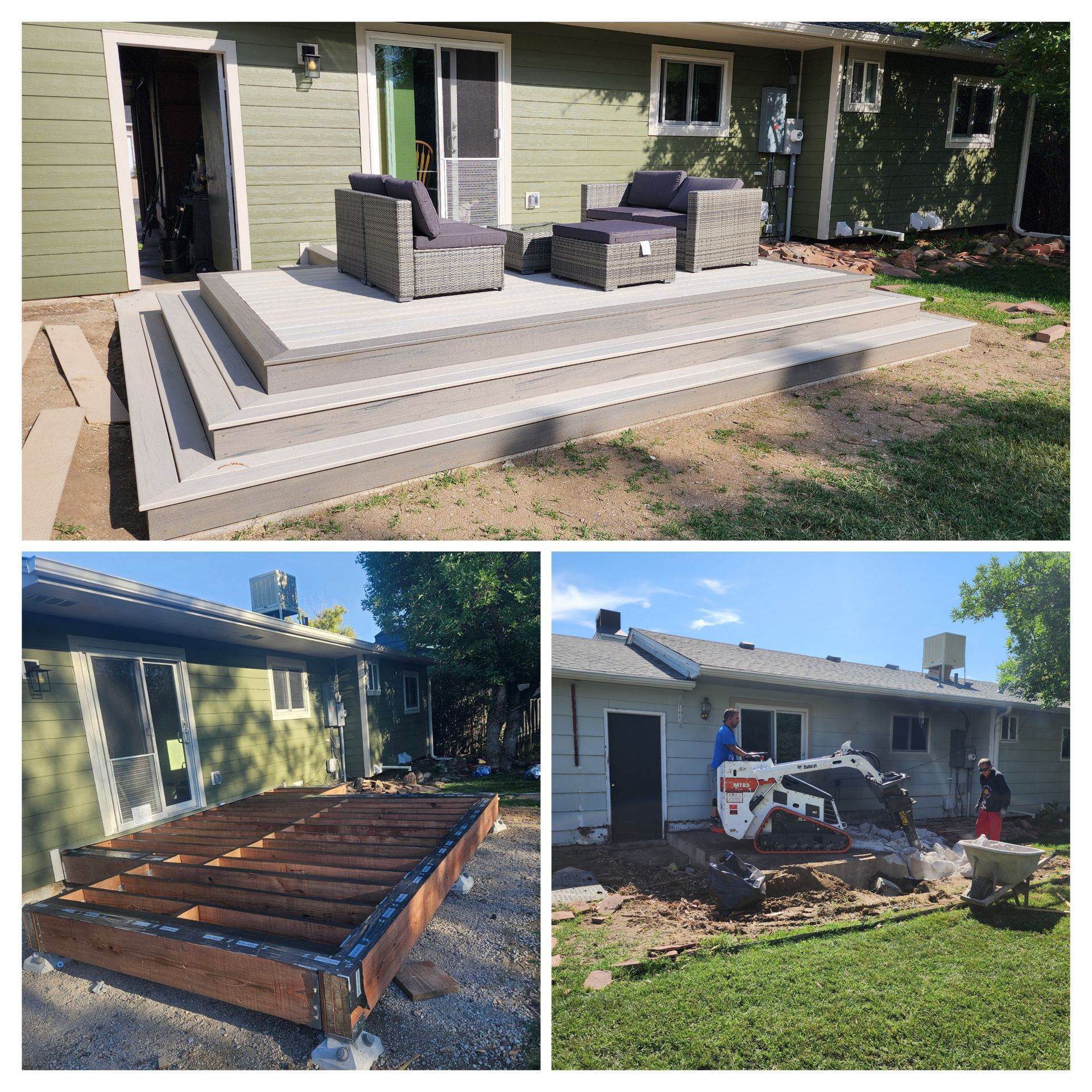 Three-panel collage: newly built gray deck with furniture; deck frame; construction of deck foundation.