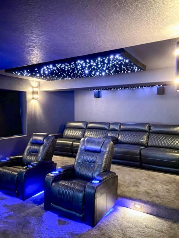 Home theater with black leather seating, star-lit ceiling, blue ambient lighting, and grey walls.