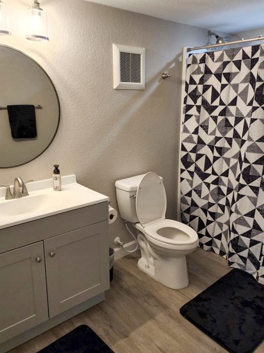 Bathroom with gray vanity, white toilet, geometric shower curtain, and black bath mats.