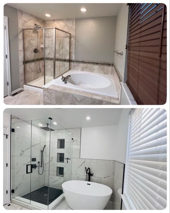 Two modern bathrooms featuring showers, bathtubs, marble tiling, and window blinds.