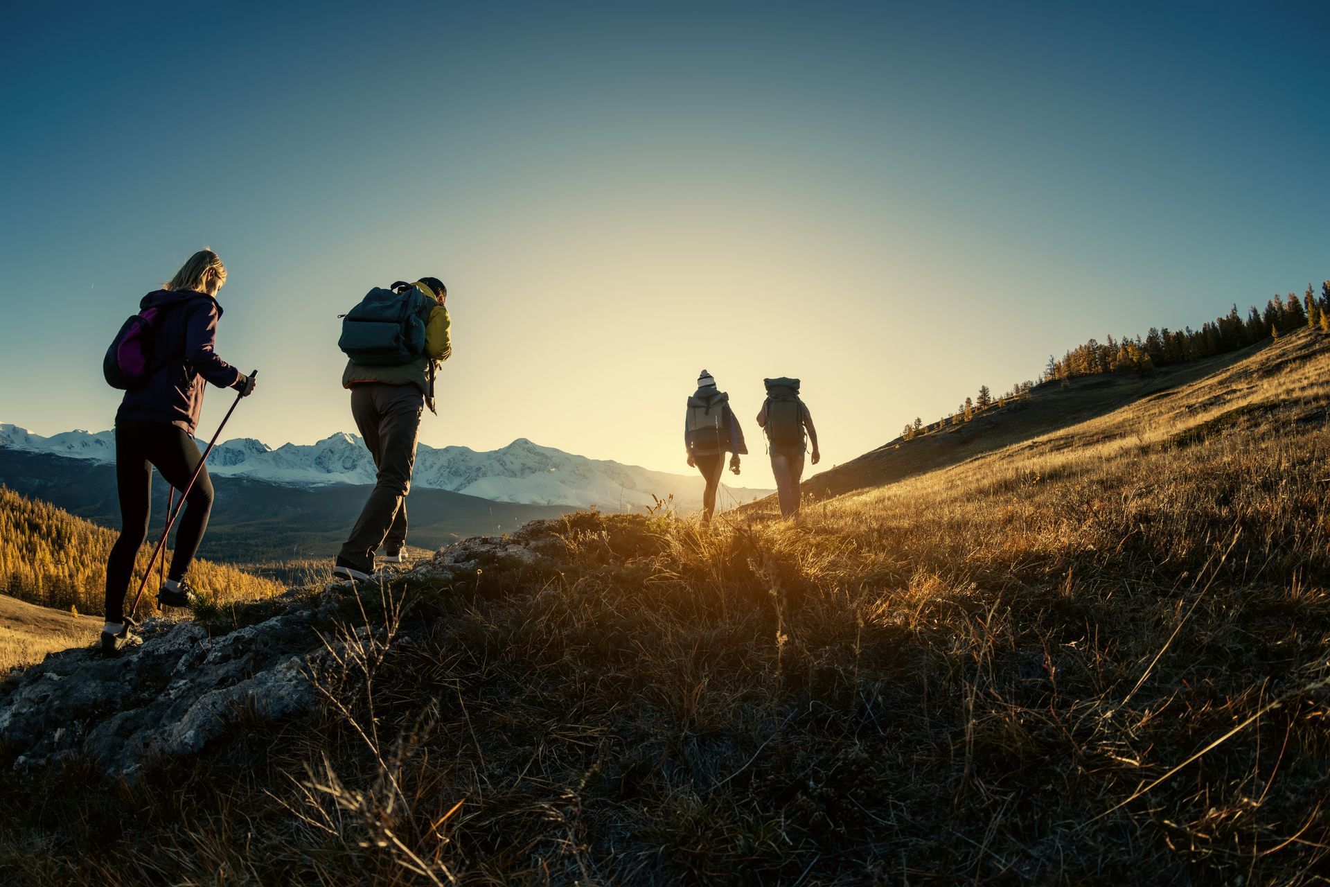 A group of people are hiking up a hill at sunset.