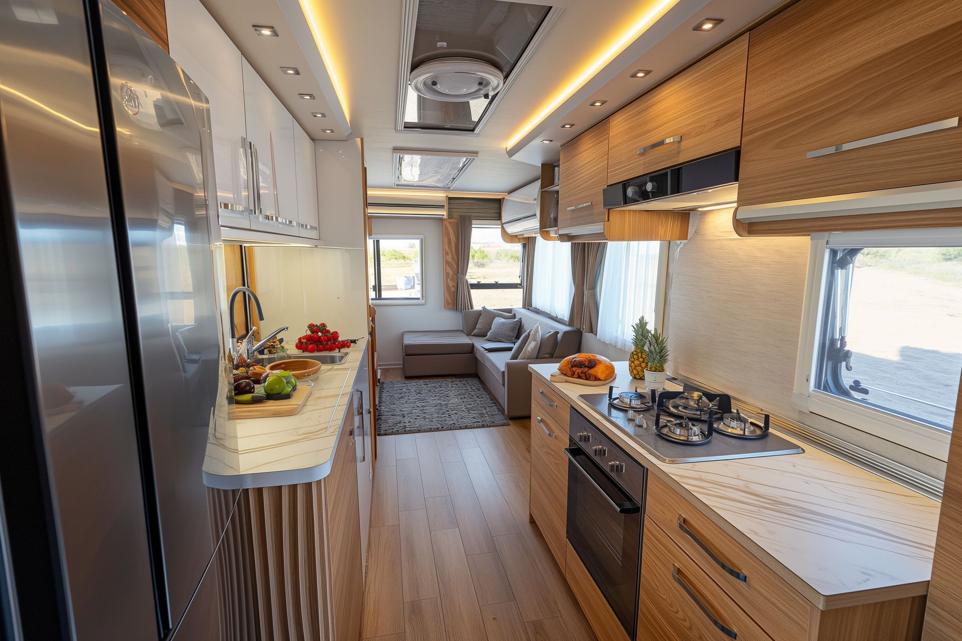 A kitchen in a camper with stainless steel appliances and wooden cabinets.