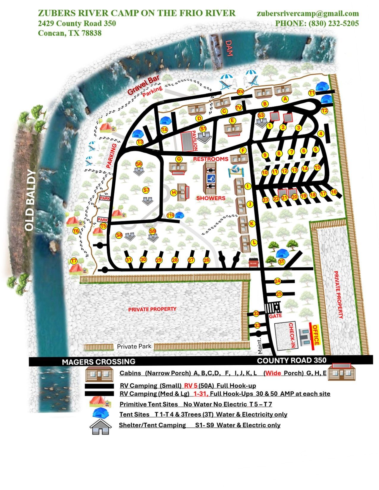 A map of the zubers river camp on the frio river