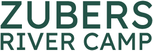The logo for zubers river camp is green and white.