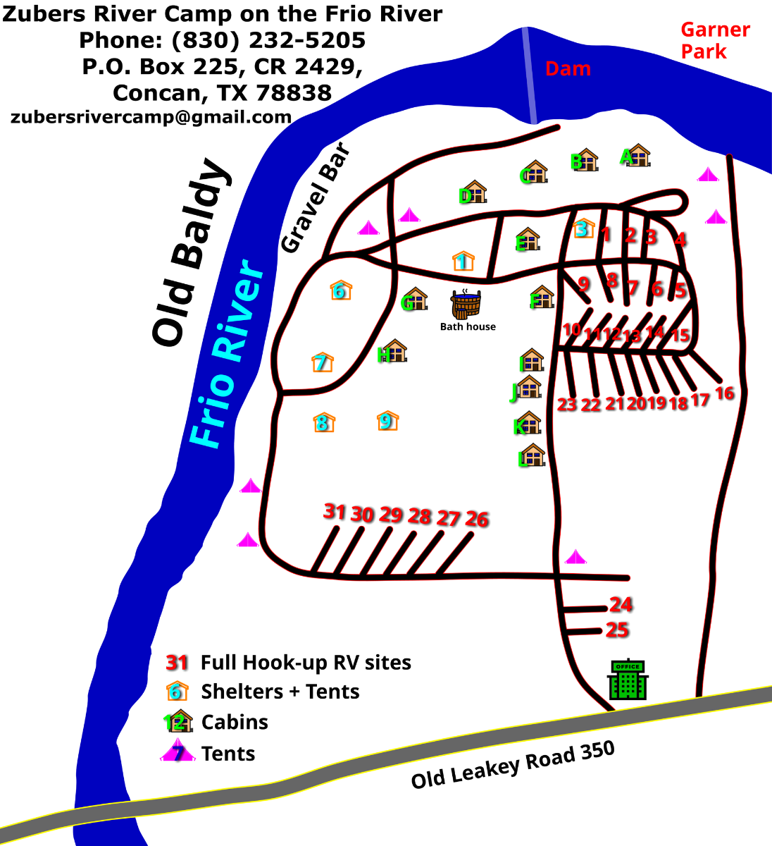 A map of the zubers river camp on the frio river