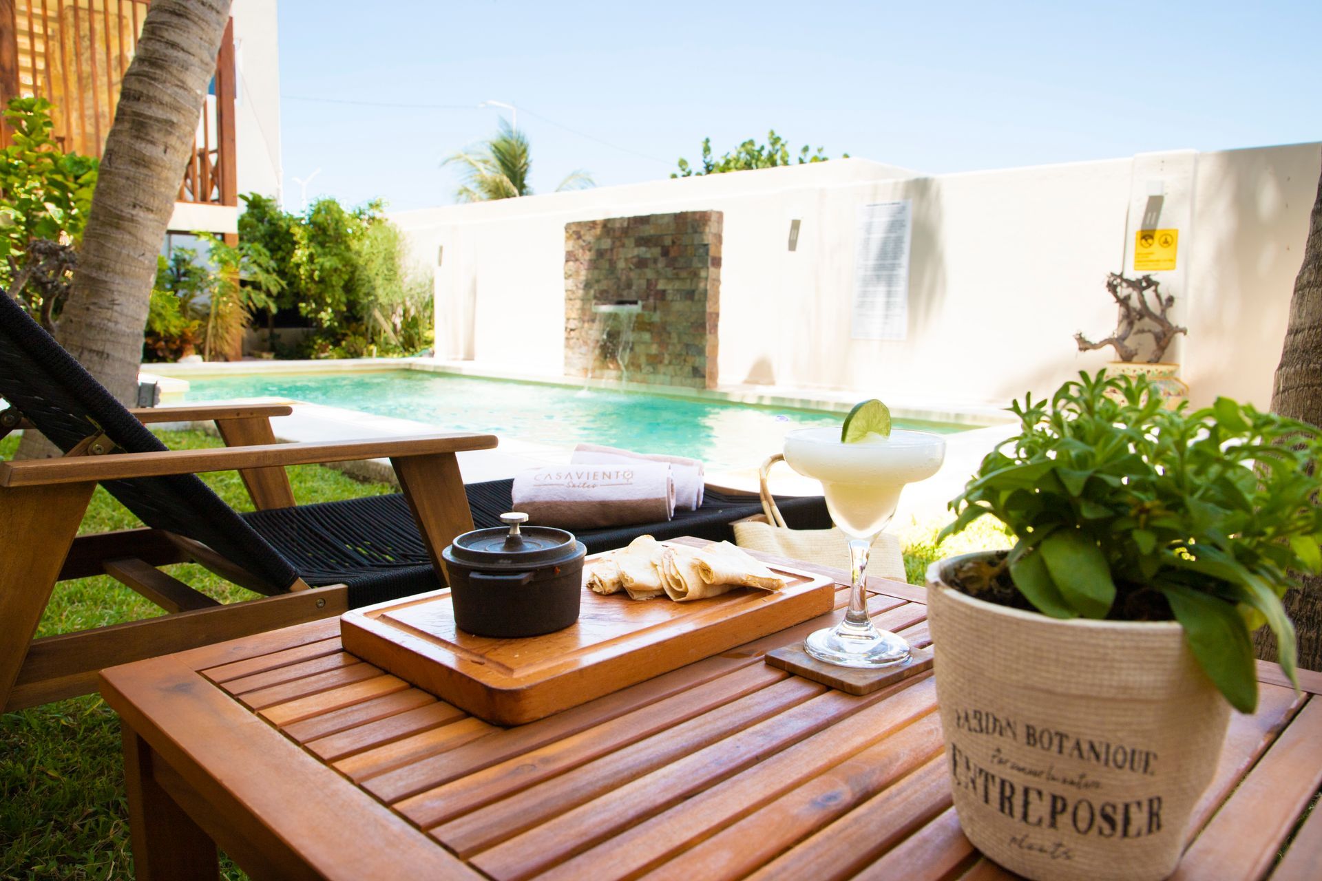 Una mesa con una planta en maceta y una margarita encima.