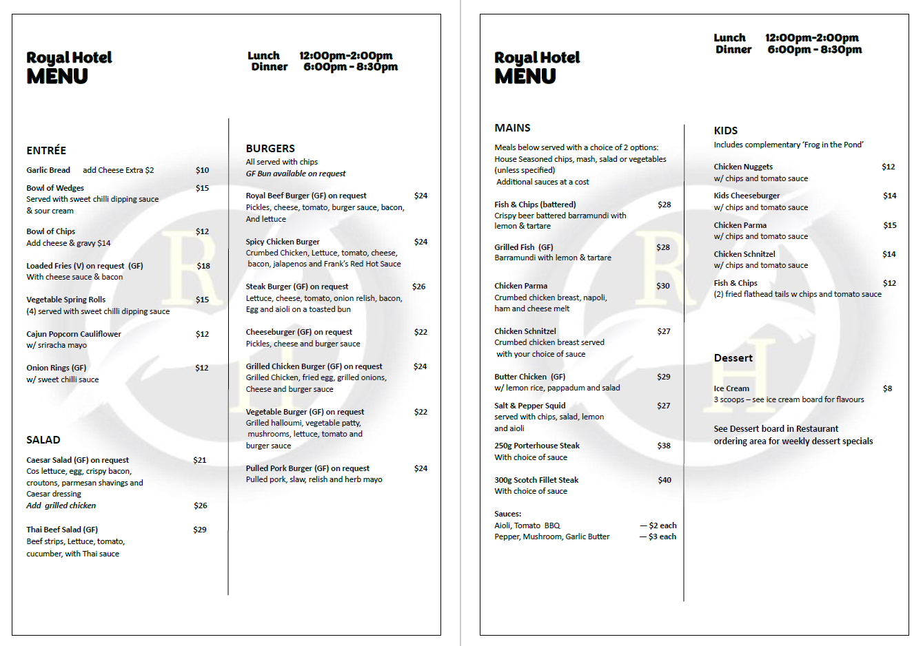 food and drink menu