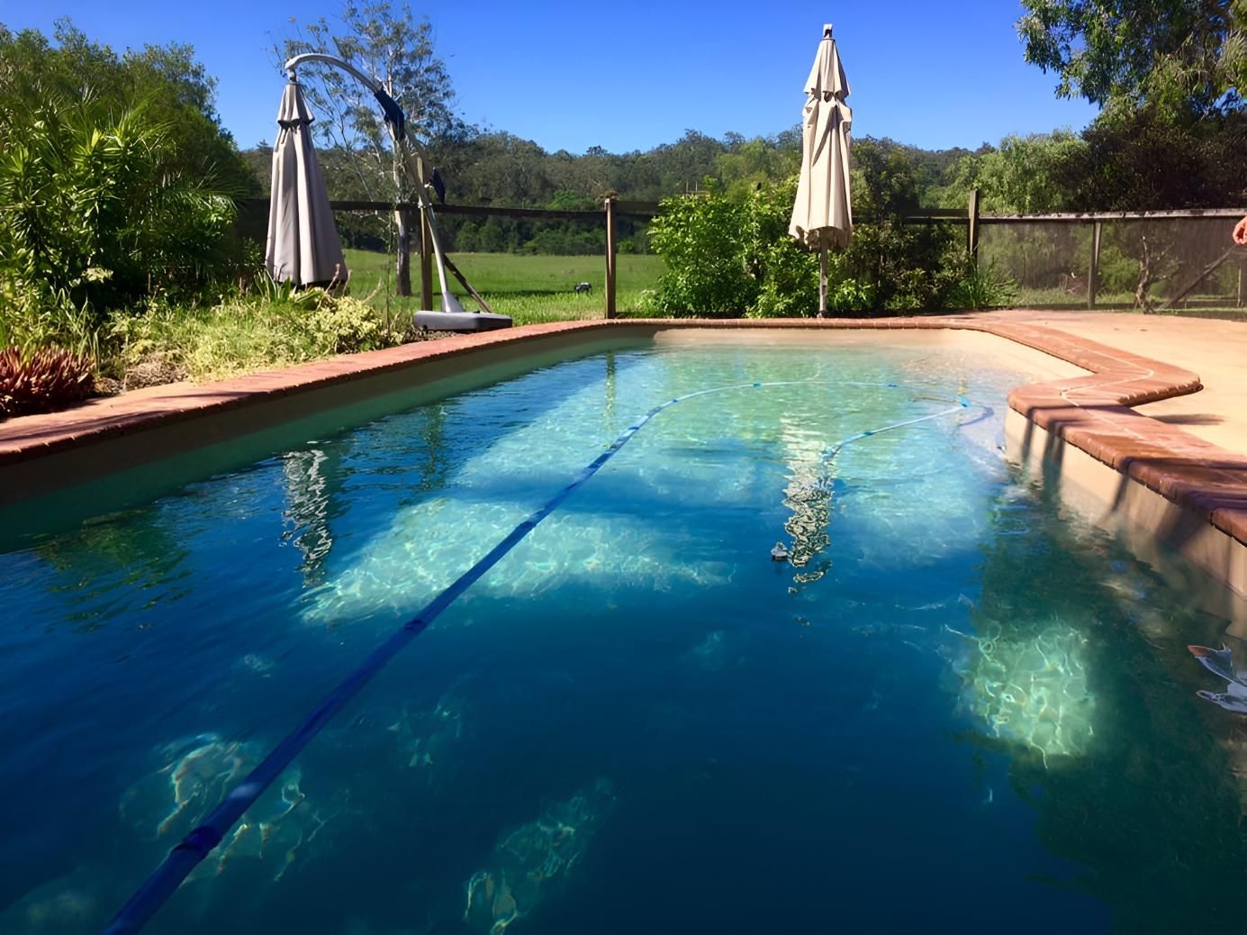A Large Swimming Pool With Umbrellas In The Background — Aqua Duck Pool Care In Landsborough, QLD