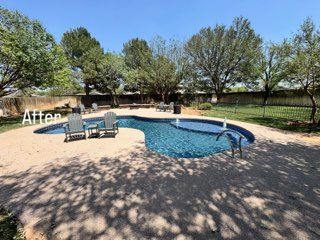 Pool in backyard with lounge chairs and trees.