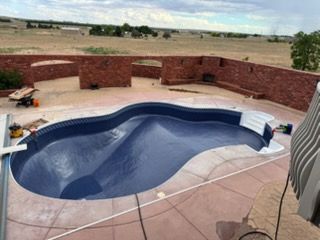 Empty, kidney-shaped swimming pool with blue interior, surrounded by a brick wall and concrete patio, in an open outdoor setting.