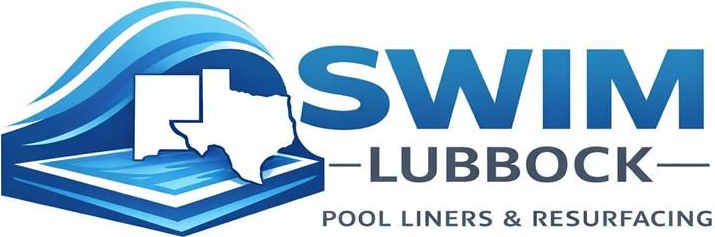 Logo for Swim Lubbock, a pool liner and resurfacing company, featuring a Texas outline and water waves.