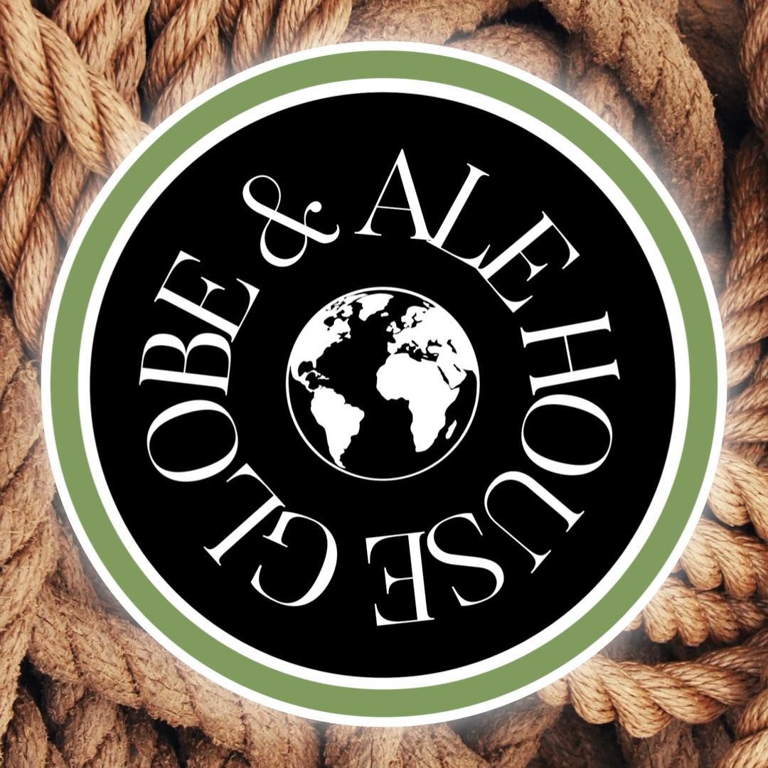 Globe & Ale House logo: Black circle with white text and a world map, set against a rope background.