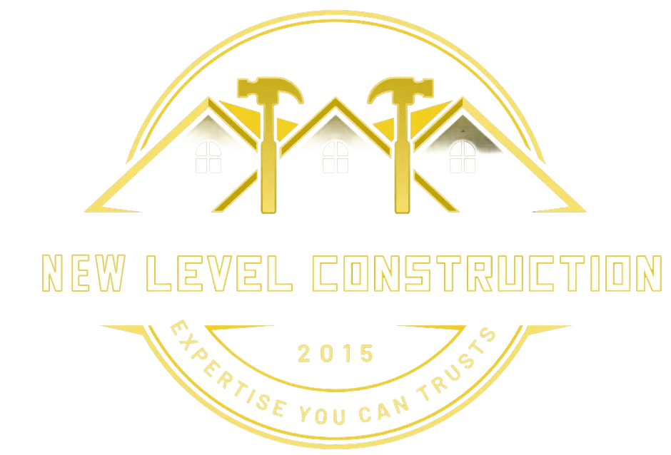 Logo for New Level Construction with hammers, a roof, and text.