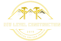 Logo for New Level Construction with hammers, a roof, and text.