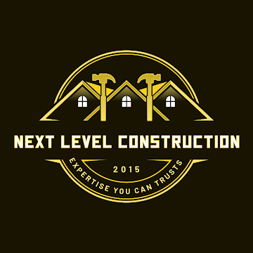 Logo for New Level Construction with hammers, a roof, and text.