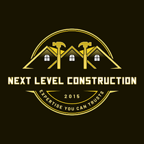 Logo for New Level Construction with hammers, a roof, and text.