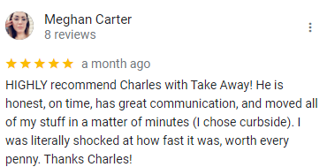 Meghan carter wrote a review for charles with take away.