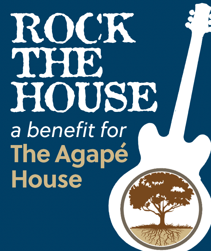 A blue sign that says rock the house a benefit for the agape house