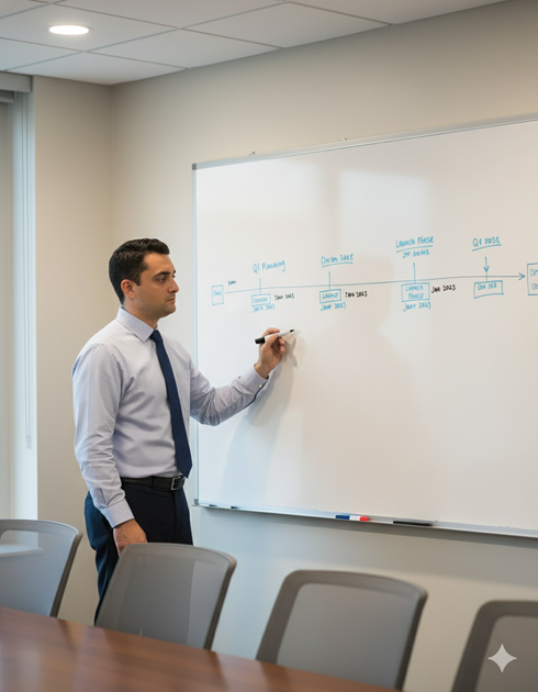 Man in a shirt and tie writing on a whiteboard in a conference room.