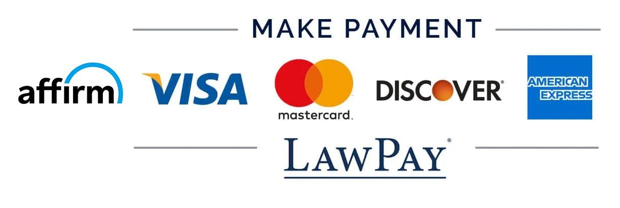 Payment methods: Affirm, Visa, Mastercard, Discover, American Express, and LawPay.