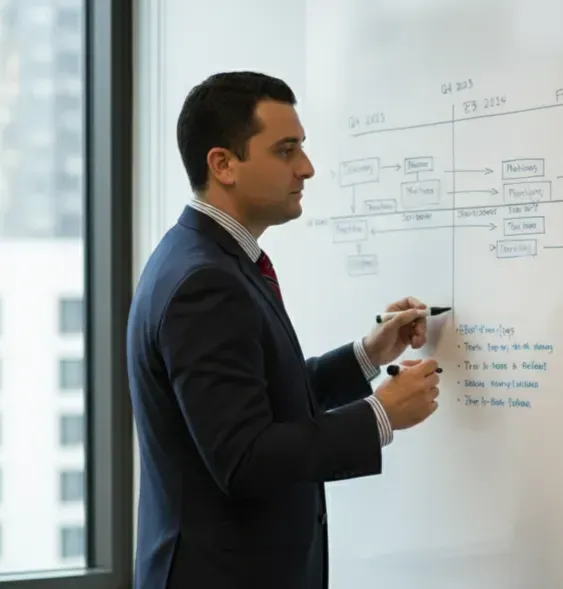 Man in suit writing on a whiteboard with a timeline and diagrams.