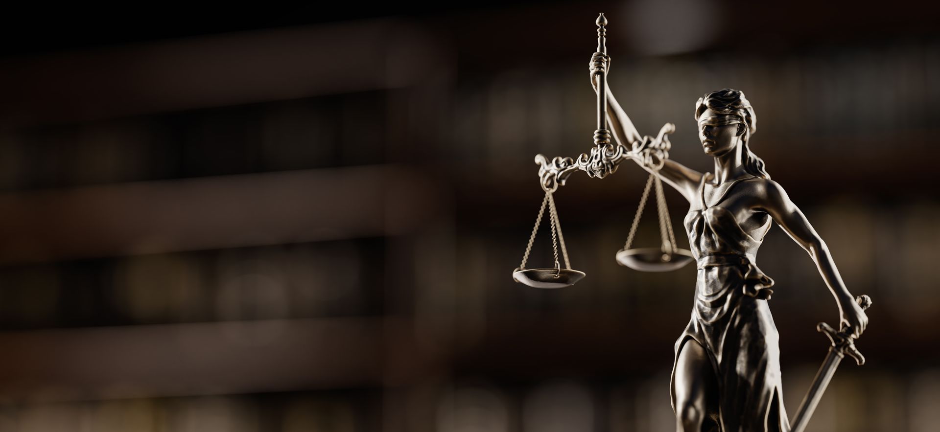 Statue of Lady Justice holding scales and sword.