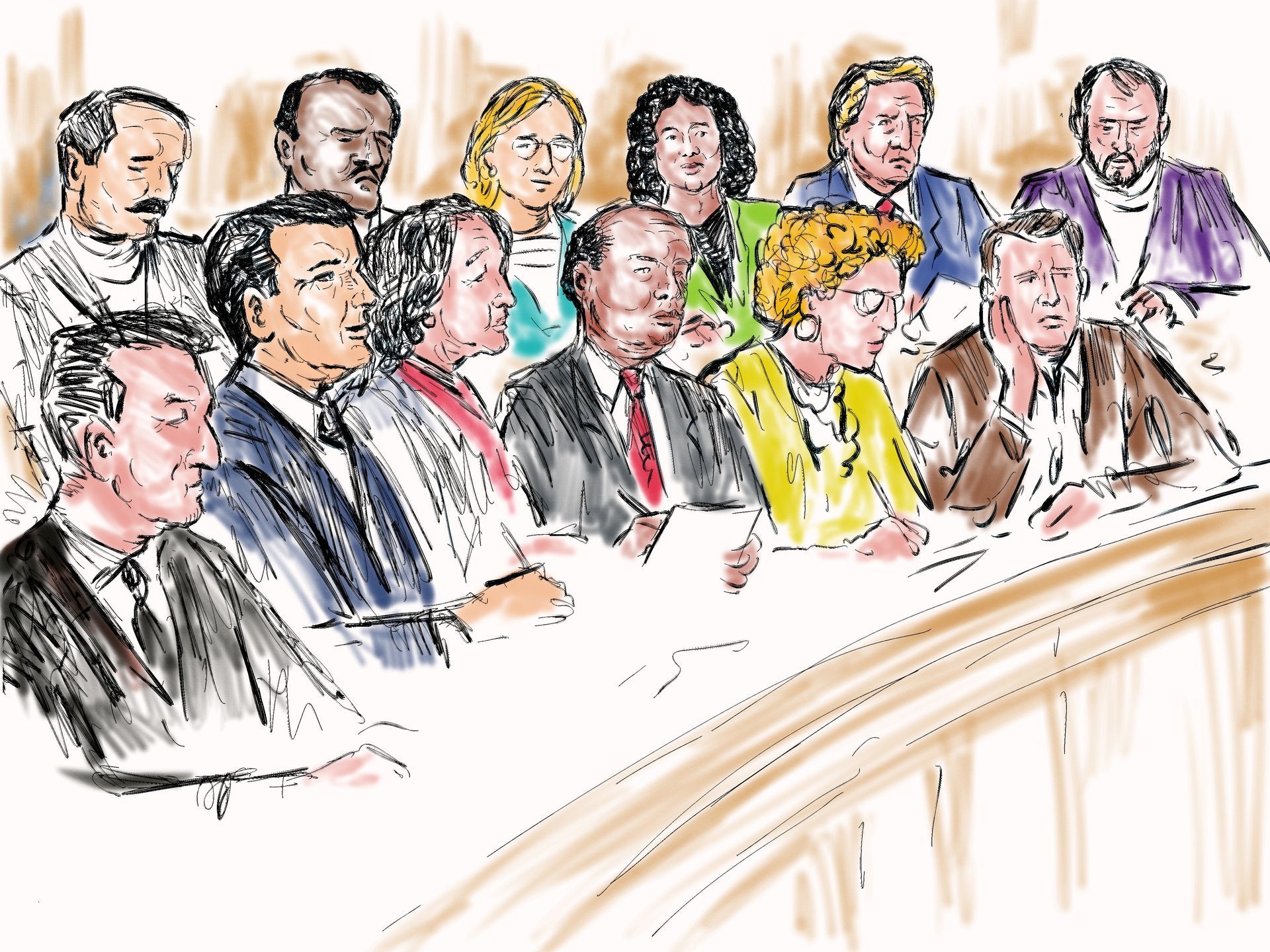 Courtroom sketch of a group of people sitting at a table; some are looking at papers.
