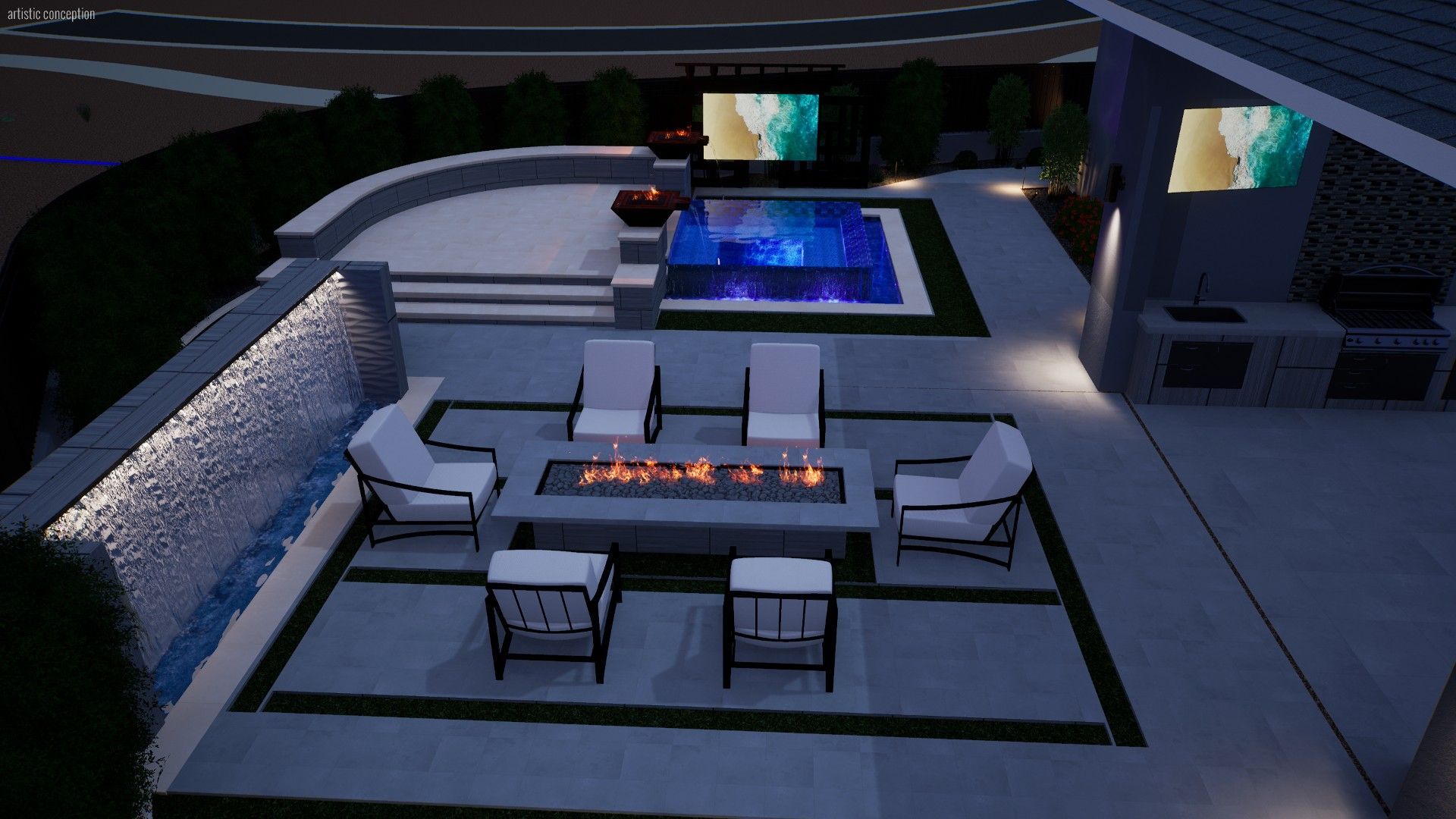 An aerial view of a patio with a fire pit and chairs