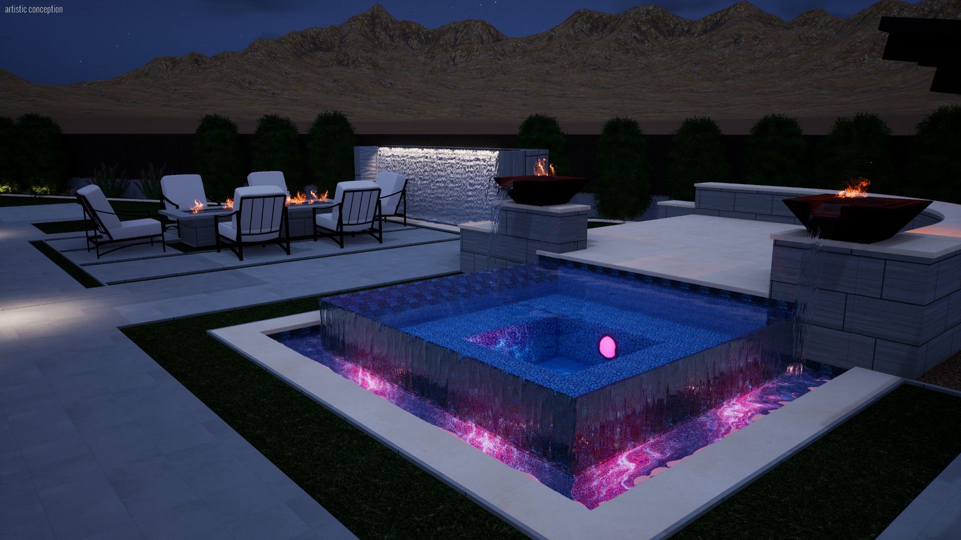 A rendering of a backyard with a swimming pool and a fire pit at night.