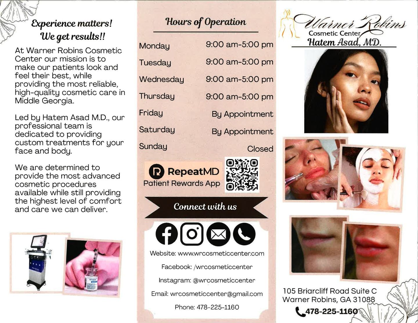 Brochure for Warner Robins Cosmetic Center, with hours, contact info, and photos of procedures.