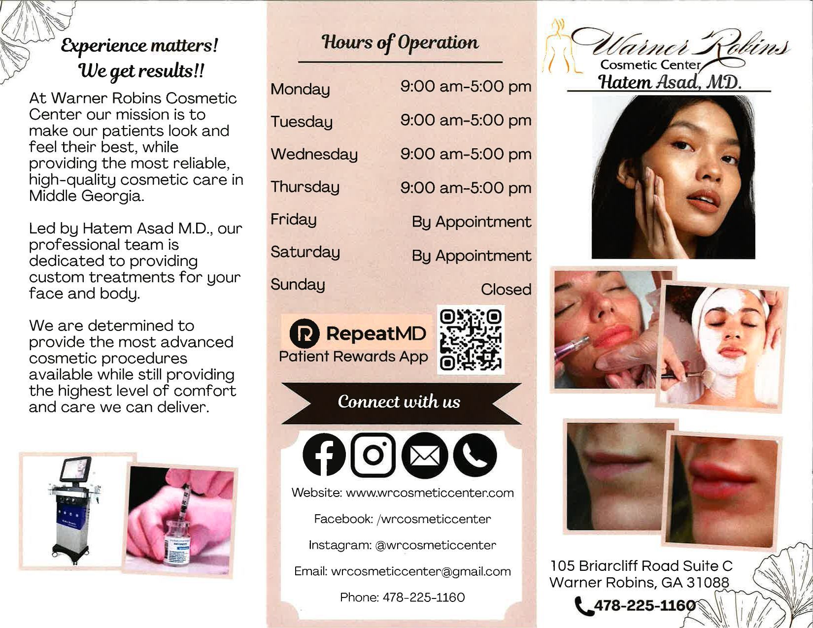 Brochure for Warner Robins Cosmetic Center, with hours, contact info, and photos of procedures.