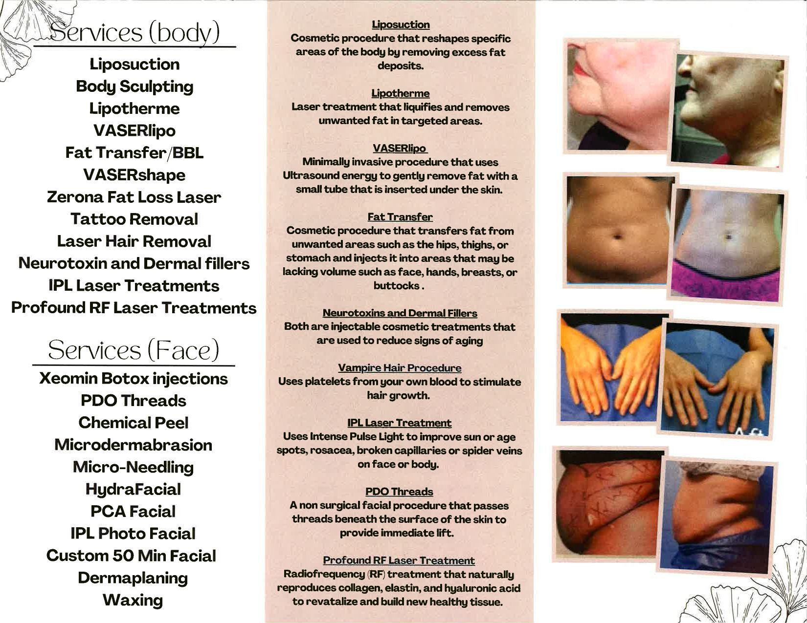 Brochure listing body and face services.