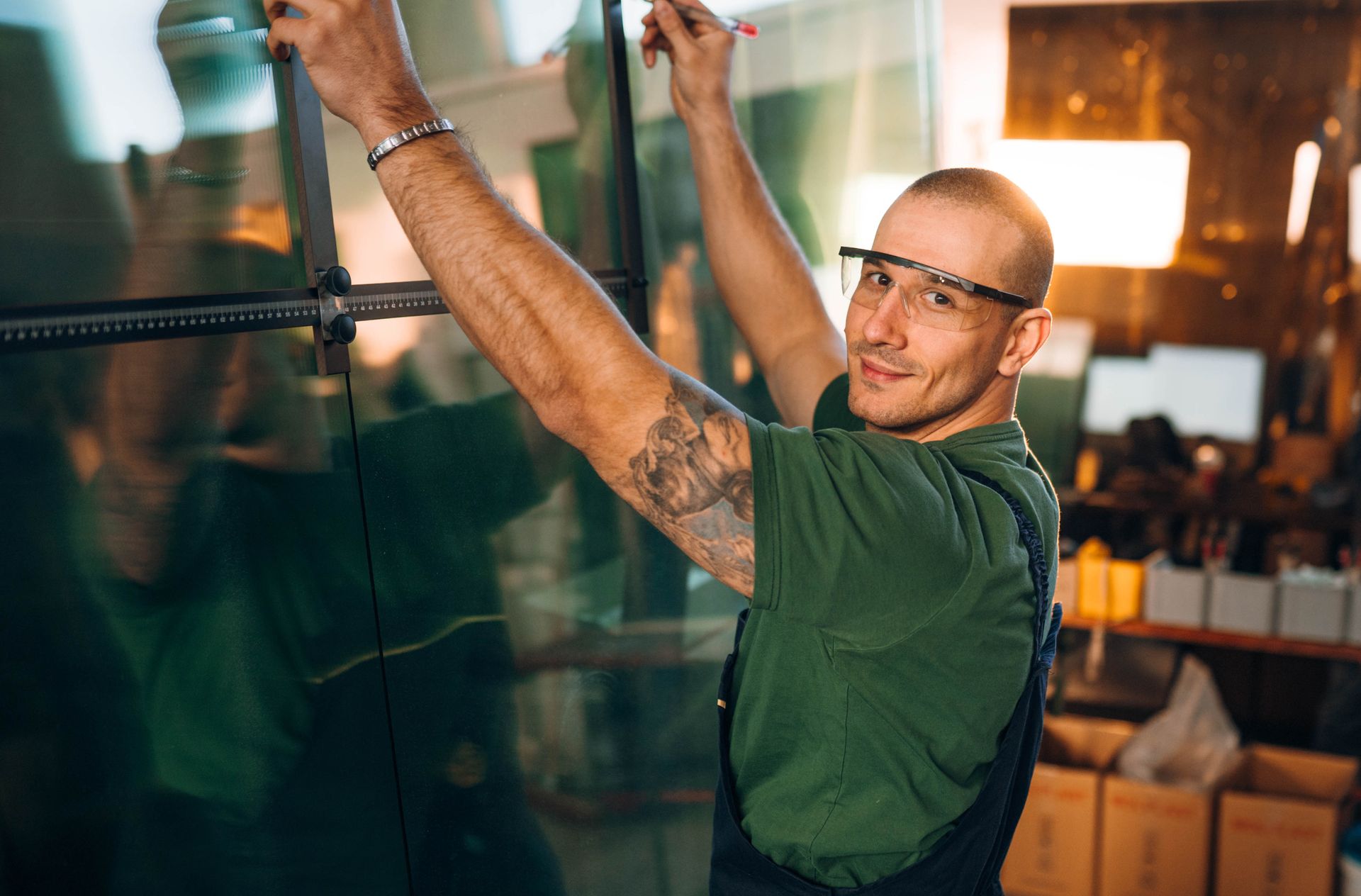 A local glazier replacing a glass window. A local glazier replacing a glass window.